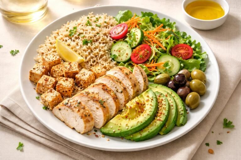 - Vyvážený tanier obsahujúci sacharidy, bielkoviny a tuky pre stabilnú energiu počas dňa