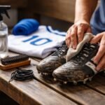 Hráč čistí kopačky, odev, loptu a chrániče po tréningu, starostlivo