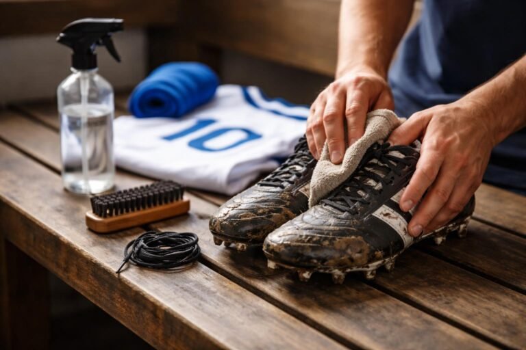 Hráč čistí kopačky, odev, loptu a chrániče po tréningu, starostlivo