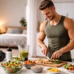 Fit človek meria percento tuku, plánuje tréning a udržiava zdravú stravu.