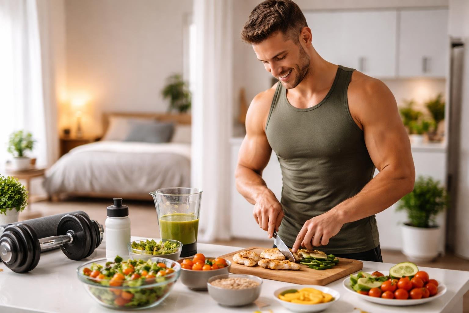 Fit človek meria percento tuku, plánuje tréning a udržiava zdravú stravu.