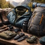 - Na snímke sú kvalitné turistické topánky, bunda, batoh a palice pripravené na túru.