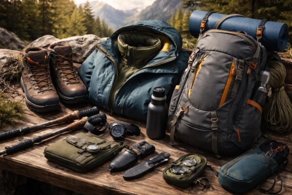 - Na snímke sú kvalitné turistické topánky, bunda, batoh a palice pripravené na túru.