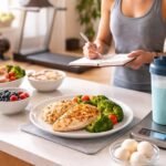 - Športovec na stole s jedlom pred tréningom a po ňom, motivácia.