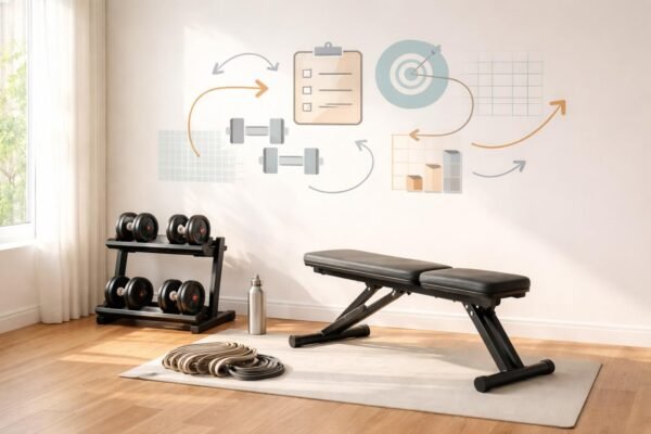 Kľúčové prvky domácej posilňovne: priestor, plán, motivácia, pravidelnosť, ušetrený čas.