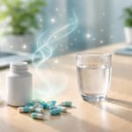 - Kapsule doplnkov výživy na energiu na stole vedľa športového dúhového shakeru