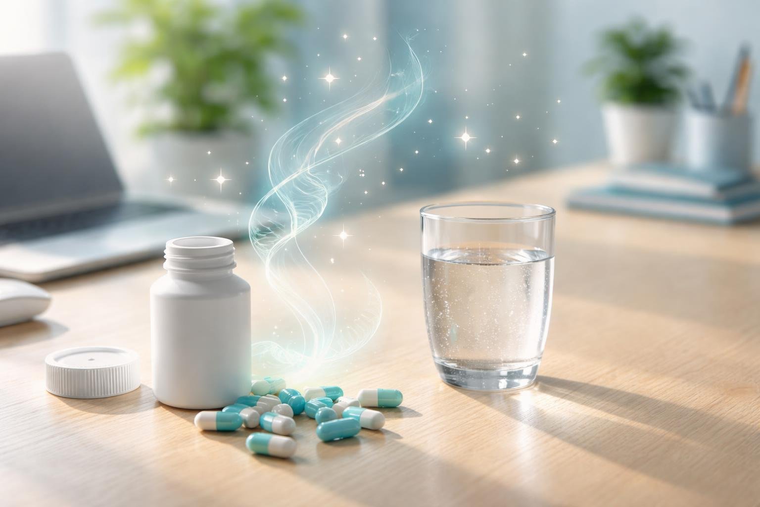 - Kapsule doplnkov výživy na energiu na stole vedľa športového dúhového shakeru