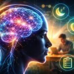 Ilustrácia mozgu počas dňa, ukazujúca biochemické procesy, energiu, stravu a spánok.