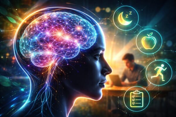 Ilustrácia mozgu počas dňa, ukazujúca biochemické procesy, energiu, stravu a spánok.