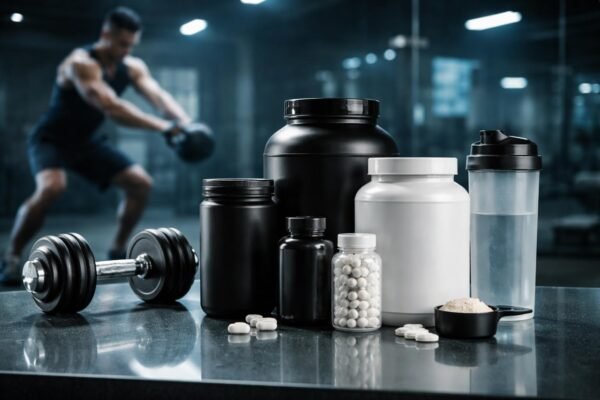 Športovec s doplnkami tréning pred posilňovňou, zameranie na výkon a regeneráciu