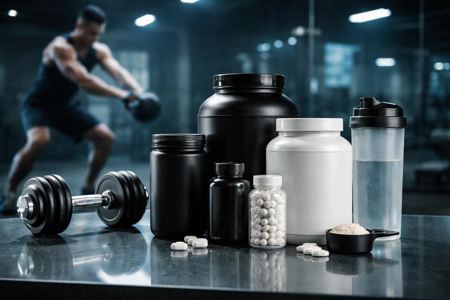 Športovec s doplnkami tréning pred posilňovňou, zameranie na výkon a regeneráciu