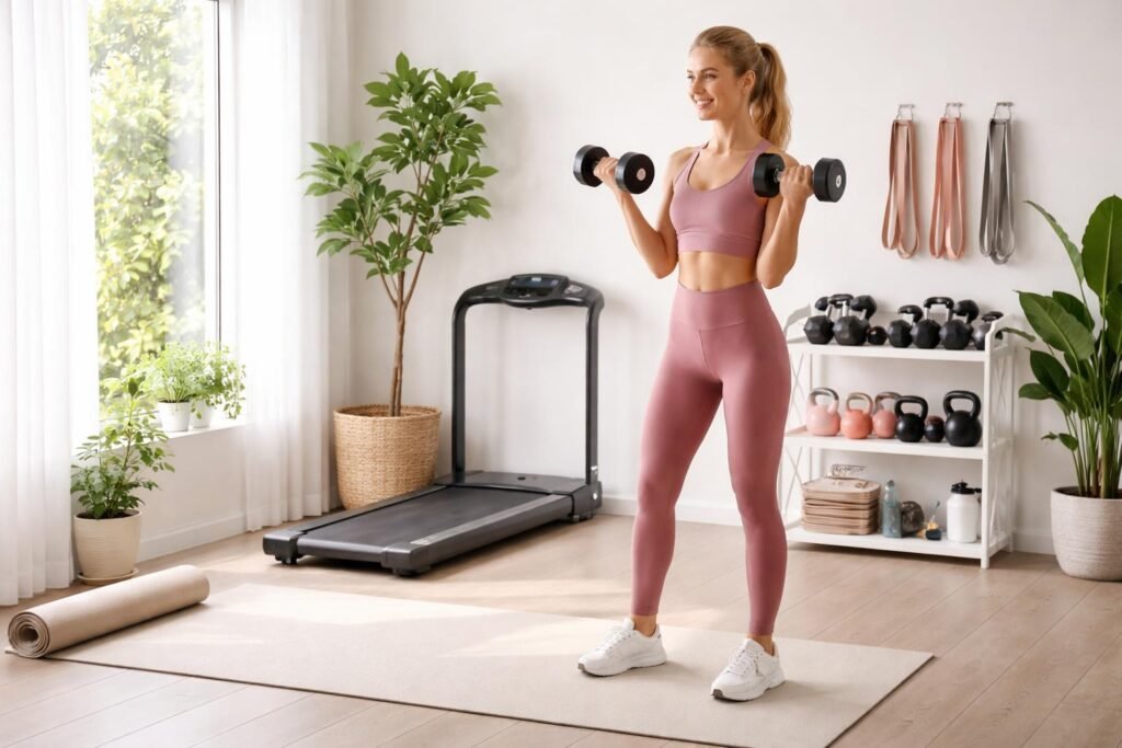 - Ženské telo počas cvičenia s rôznym fitness vybavením v posilňovni