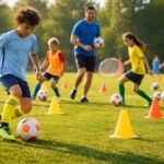 - Deti vo futbalových dresoch, výstroji a kopačkách na ihrisku, veselí a súťaživí.