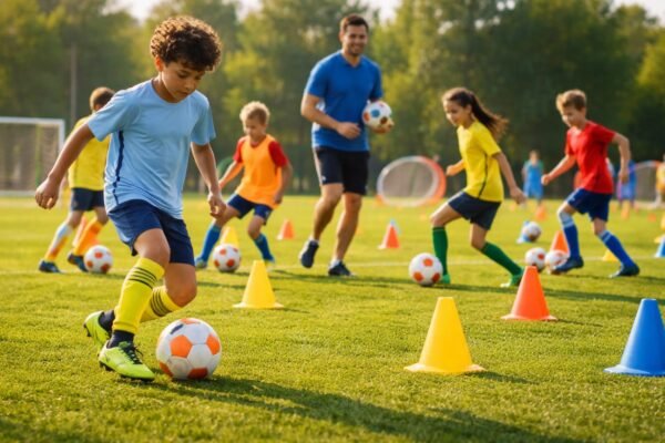 - Deti vo futbalových dresoch, výstroji a kopačkách na ihrisku, veselí a súťaživí.