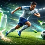 - Futbalista na ihrisku s doplnkami, výživou a silovým tréningom pre výkon