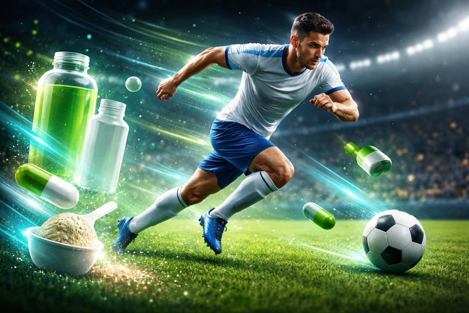 - Futbalista na ihrisku s doplnkami, výživou a silovým tréningom pre výkon