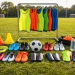 Muž drží futbalovú loptu a výstroj na ihrisku počas tréningu