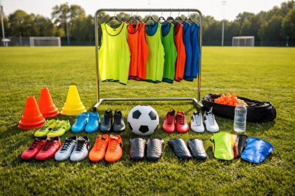 Muž drží futbalovú loptu a výstroj na ihrisku počas tréningu