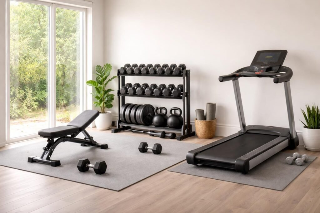 - Osoba cvičí s kvalitným vybavením, kladie dôraz na bezpečnosť a komfort