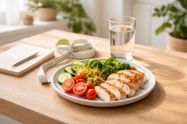 Obraz ukazuje vyvážený kalorický deficit pre udržateľné chudnutie bez extrémov.