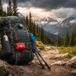 - Batoh plný turistickej výbavy na bezpečný výlet v prírode so základnými potrebami