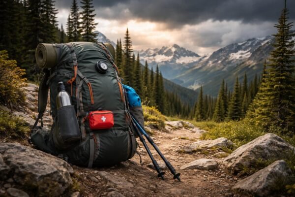 - Batoh plný turistickej výbavy na bezpečný výlet v prírode so základnými potrebami