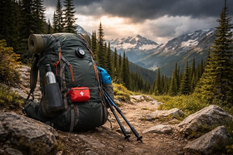 - Batoh plný turistickej výbavy na bezpečný výlet v prírode so základnými potrebami