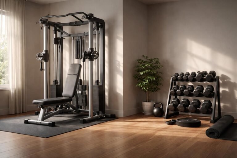 Ilustrácia ukazuje multifunkčné fitness stroje, domáce cvičenie, výhody a nevýhody