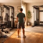 Osoba porovnáva fitness stroje v malej obývačke pred nákupom v domácnosti a zvažuje rozmer