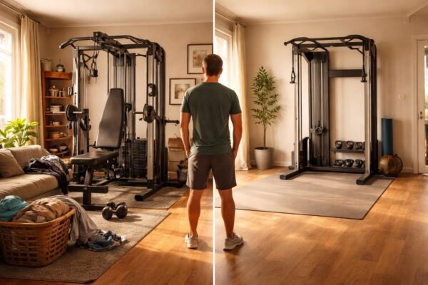 Osoba porovnáva fitness stroje v malej obývačke pred nákupom v domácnosti a zvažuje rozmer