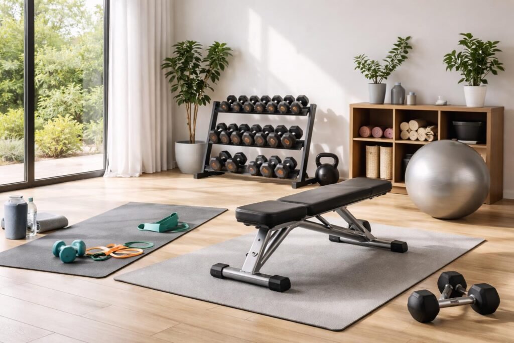 Osoba doma cvičí s fit pomôckami ako činky a švihadlo