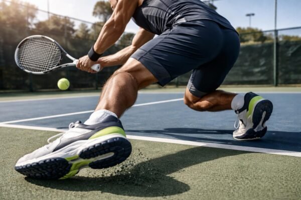 Hráči na kurte skúšajú obuv, gripy a kompresné doplnky pre komfort