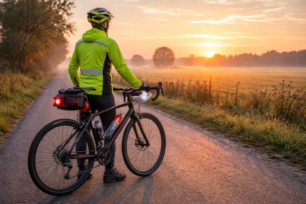 Cyklista na ceste so prilbou, svetlami a reflexnými prvkami pre viditeľnosť a bezpečnosť.
