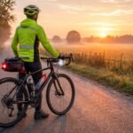 Cyklista na ceste so prilbou, svetlami a reflexnými prvkami pre viditeľnosť a bezpečnosť.