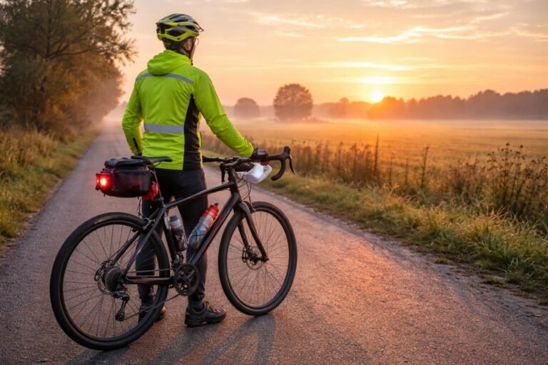 Cyklista na ceste so prilbou, svetlami a reflexnými prvkami pre viditeľnosť a bezpečnosť.