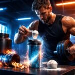 - Krátky alt text zobrazuje predtréningové stimulanty v prostredí fitnes klubu.