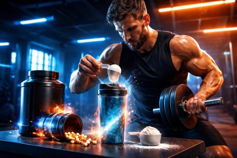 - Krátky alt text zobrazuje predtréningové stimulanty v prostredí fitnes klubu.