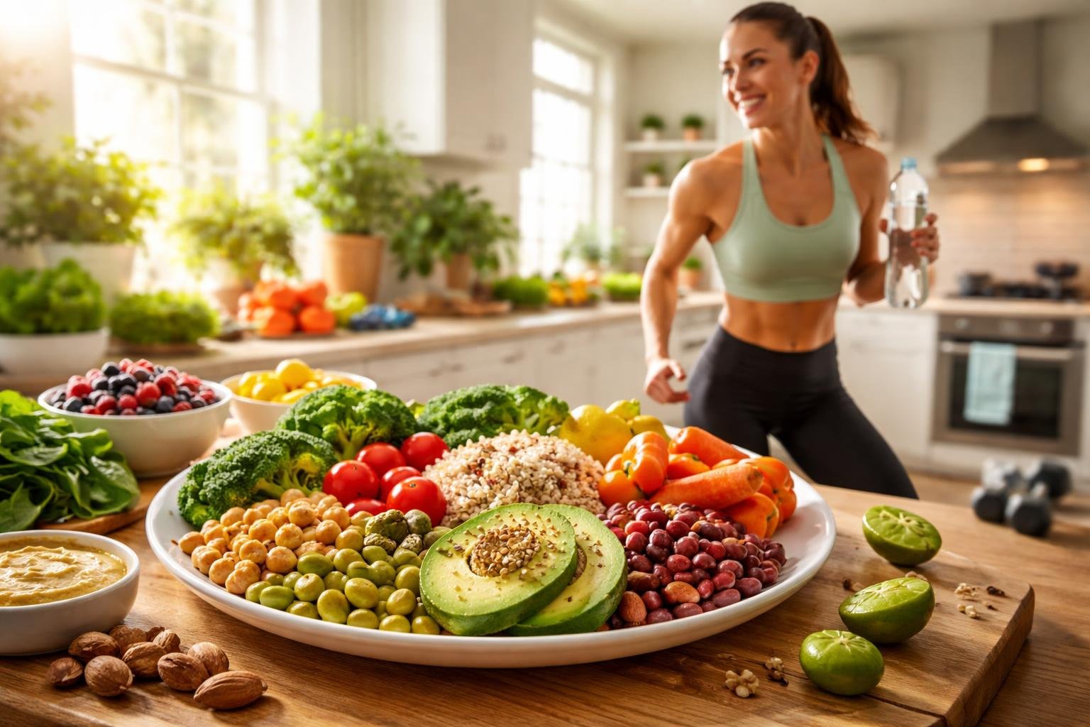 Športovec pri zelenine; rastlinná strava podporuje výkon a regeneráciu u športovcov.
