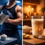 Ilustrácia rýchleho a pomalého proteínu na stole po tréningu a regenerácii.