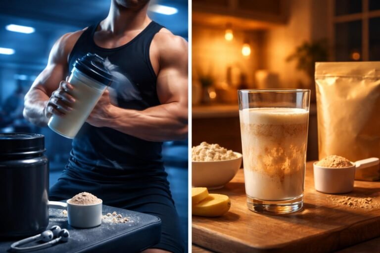 Ilustrácia rýchleho a pomalého proteínu na stole po tréningu a regenerácii.