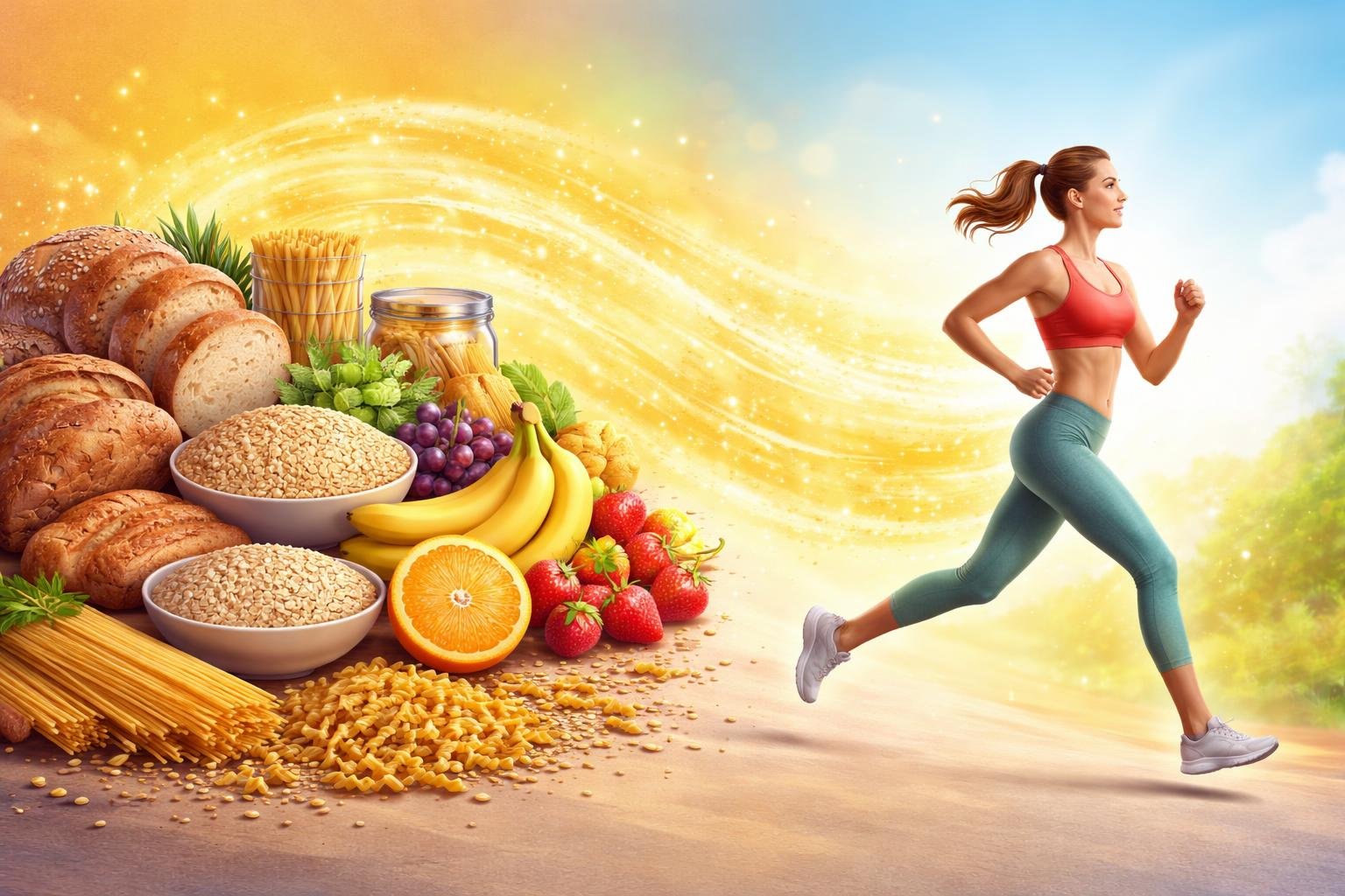 Ilustrácia zobrazuje zdroje energie, vrátane sacharidov, v zdravom jedálnom pláne.