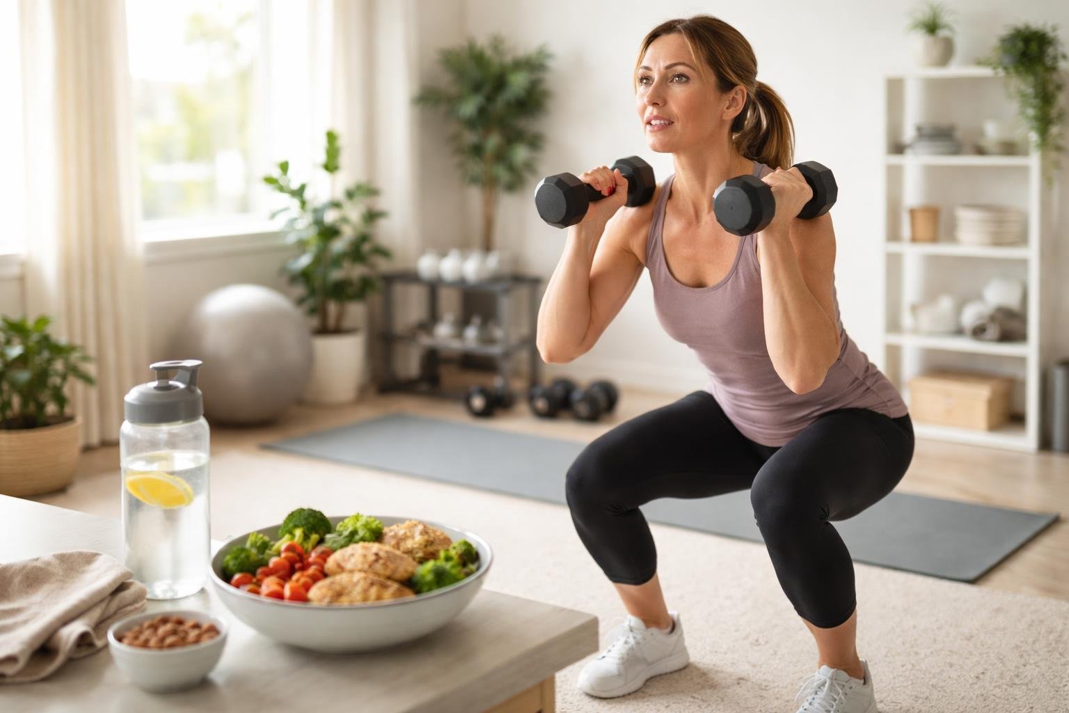 Žena po štyridsiatke cvičí na spálenie tukov na bruchu a bokoch.