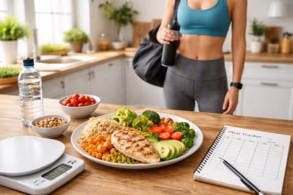 Osoba sleduje kalórie a makrá pri správnej redukcii telesného tuku.