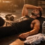 - Unavený športovec po tréningu sedí na podlahe s uterákom a fľašou.