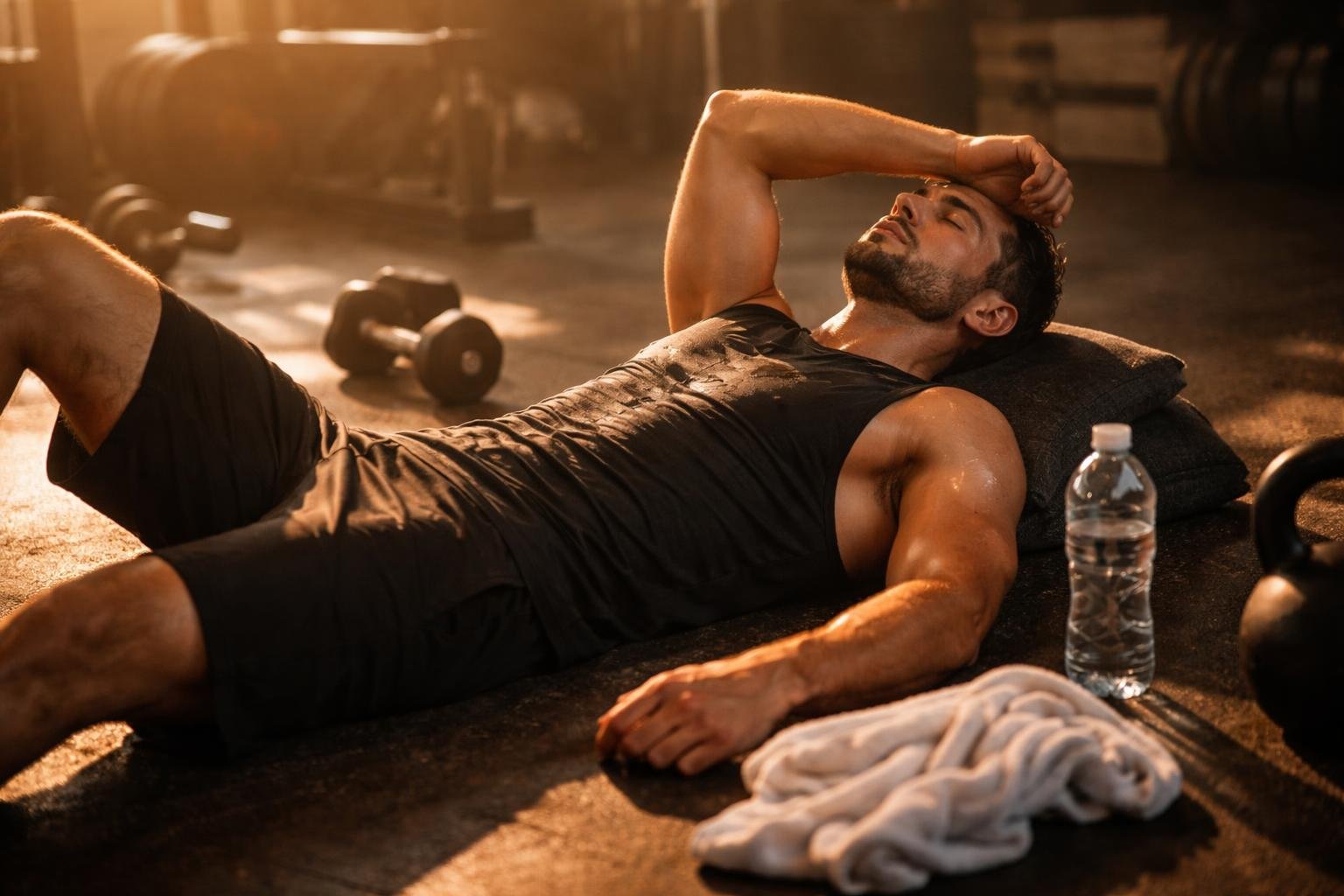 - Unavený športovec po tréningu sedí na podlahe s uterákom a fľašou.