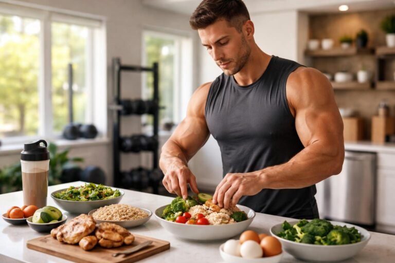 - Muž na fotke cíti energiu z výživy pre rast svalov.