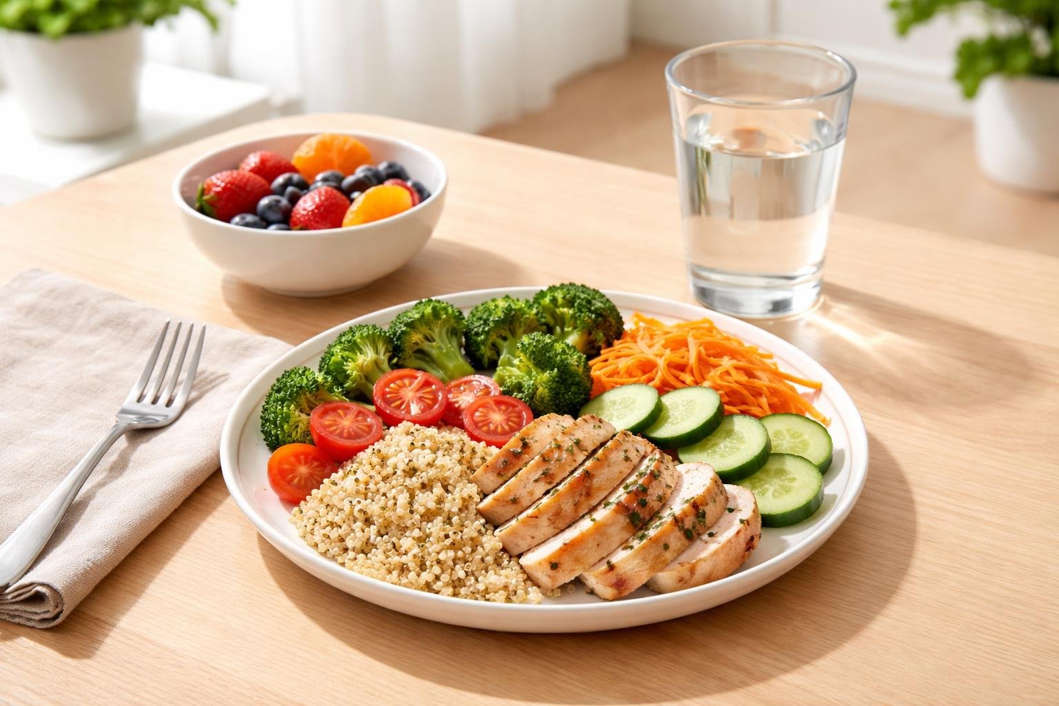 Farebný stôl so zdravými jedálmi a jednoduchým jedálničkom pre začiatočníkov.