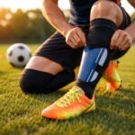 Muž s futbalovou výbavou na ihrisku, bezpečný tréning a pohyb